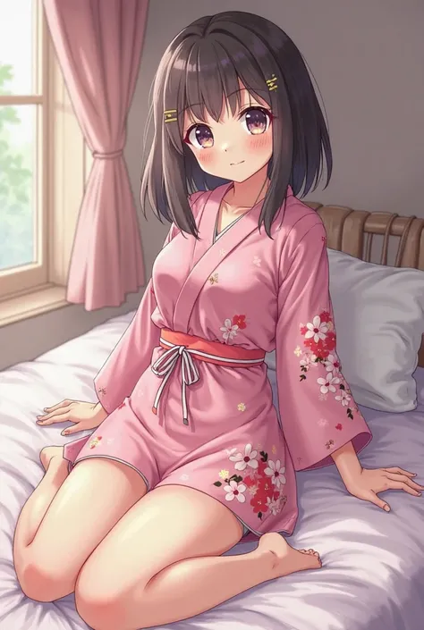  Japanese Girl Scouter, TRUE, pink yukata dress with cherry blossoms on it,  string panties only , Sleeping in bed for the first time, cute,  light makeup 