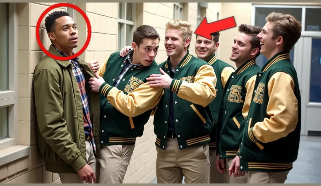 A tense high school hallway scene where a group of five athletic age boys, wearing matching green and gold varsity jackets, are surrounding another student, a young man in a casual green jacket with a plaid shirt underneath. One of the varsity-clad boys is...