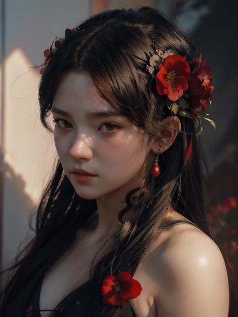 a painting of a woman with flowers in her hair, krenz cushart and wenjun lin, dark red and black color palette, trending on artstatioin, harsh sun light, beautiful male god of death, pinterest anime, portrait of female korean idol, moon in his crown, very ...