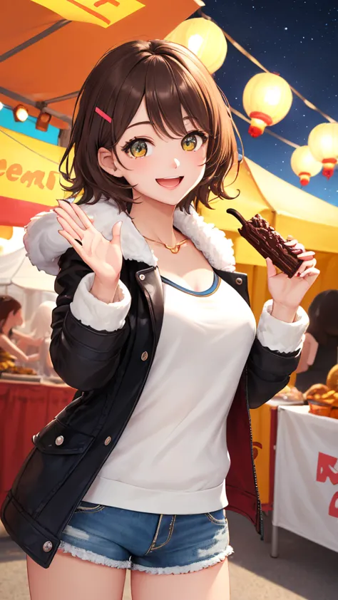 (masterpiece:1.3, best quality:1.3, ultra detailed:1.2)

(cheerful and lively girl:1.3, energetic smile:1.2, short brown hair:1.2, hair clip:1.1)
BREAK (bright sparkling eyes:1.2, playful expression:1.2, slightly mischievous:1.1)

(summer festival outfit:1...