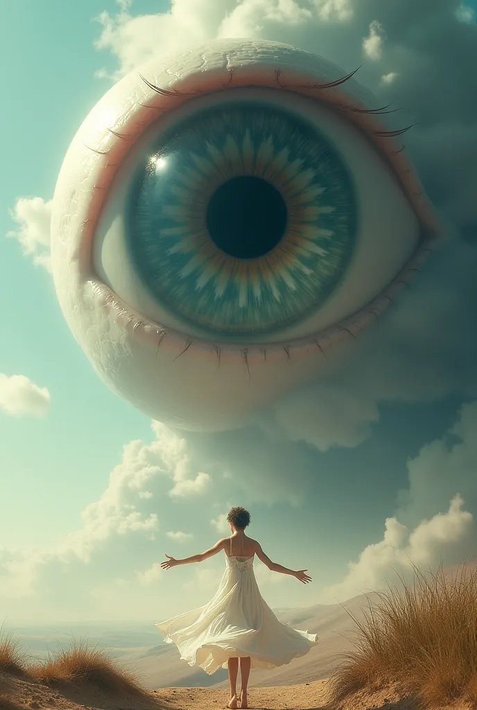 Make a composition of an eye in the big plane and a human body in motion 