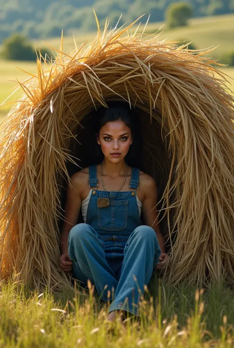 Woman in a blue working jumpsuit, standing on all fours inside a haystack