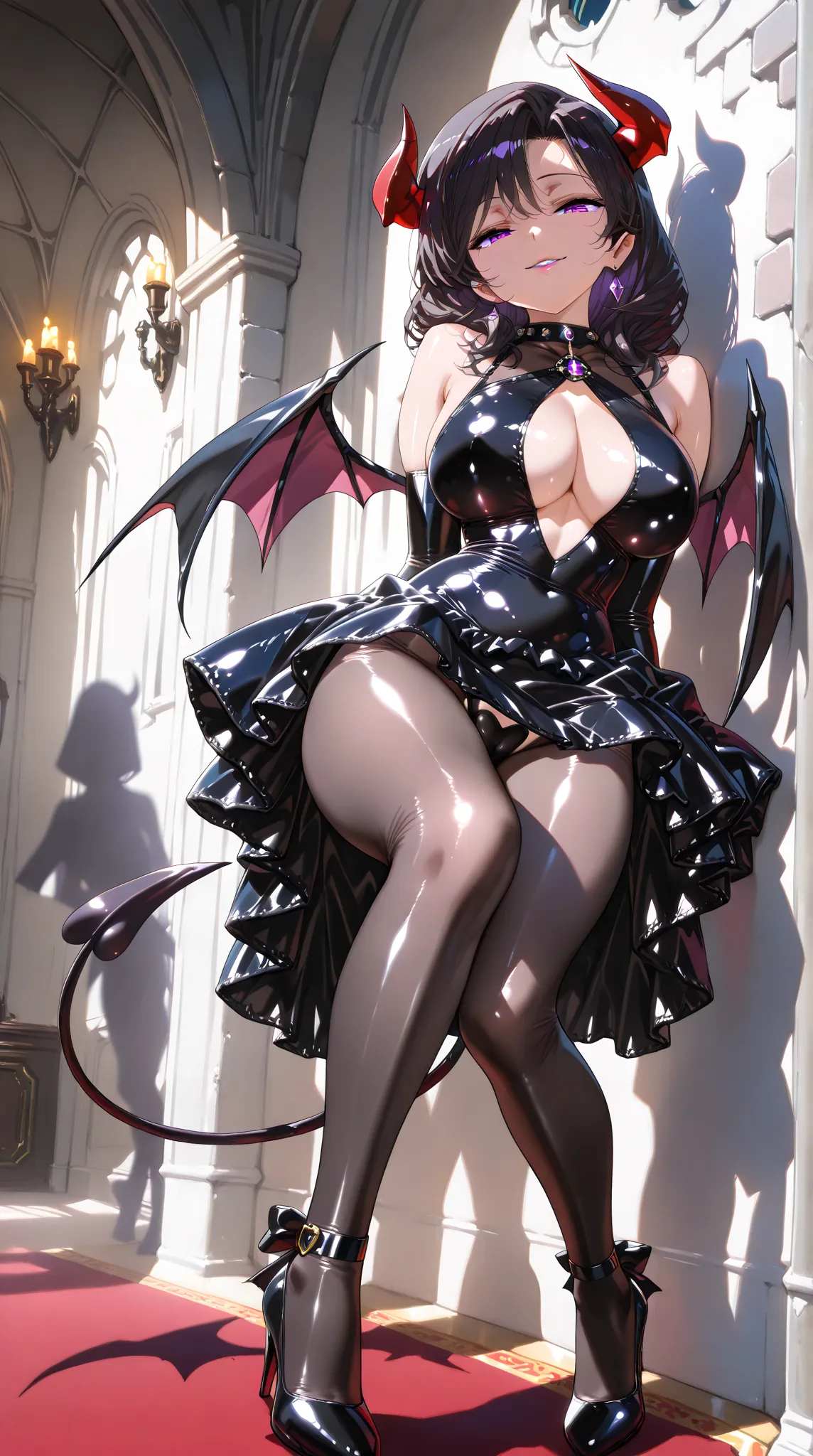 One mature, beautiful and seductive woman, solo, (incredible high resolution, masterpiece, top quality, extremely detailed, CG, high quality anime drawing), (seductive succubus), (gothic style latex dress with black and red as the base, body stocking, high...