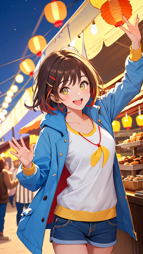 (masterpiece:1.3, best quality:1.3, ultra detailed:1.2)

(cheerful and lively girl:1.3, energetic smile:1.2, short brown hair:1.2, hair clip:1.1)
BREAK (bright sparkling eyes:1.2, playful expression:1.2, slightly mischievous:1.1)

(summer festival outfit:1...