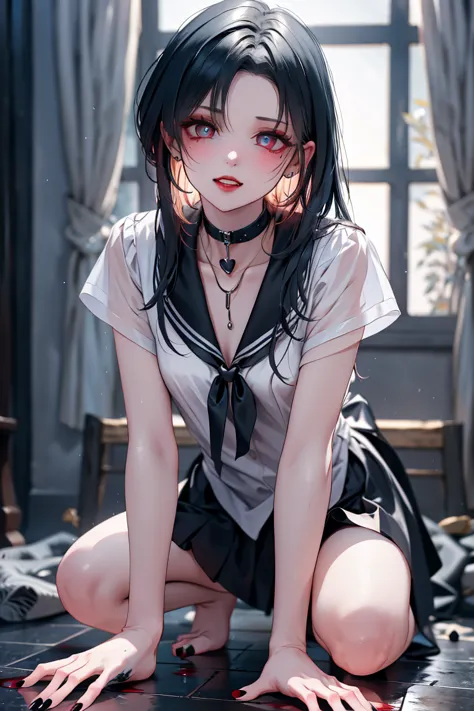 Best Quality, Hi-Res,  Dark Fantasy Art 。

the black sailor suit shakes。I have a girl chained to the cold, damp floor。
the vampire inside her wakes up、the enemy's magic(her heart hasn't fallen:1.4)。
(her vertical dark pupils glow in the dark、she used to be...