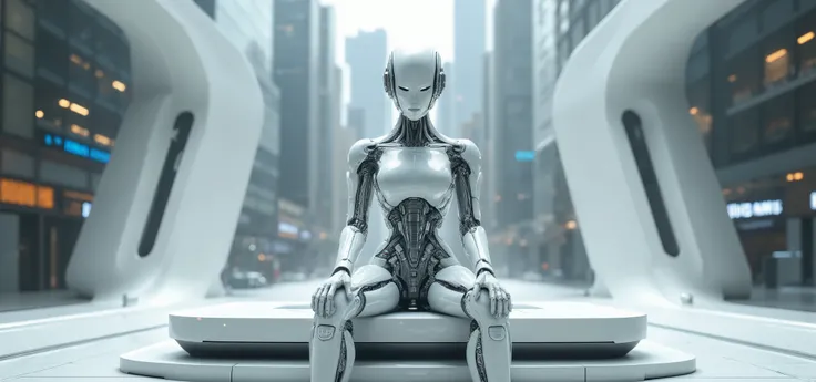 A cyborg face and human head, by Forrest Gump, and body with white parts, sitting on a technological bench of the future, on a street of the future, detailed, 8K,  seen from the front.

