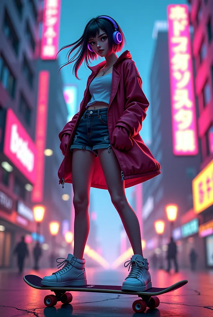 a close up of a person on a skateboard in a city, female lucio, katana zero video game character, lucio as a woman, hero pose colorful city lighting, style league of legends, league of legends character, g liulian art style, cyber universe style, inspired ...