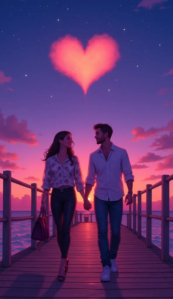 A couple walks hand-in-hand along a pier at sunset, smiling at each other. The woman wears a floral blouse and black jeans, with elegant earrings, while the man is dressed in a light shirt and jeans. The sky is vibrant with purples and blues, dotted with s...