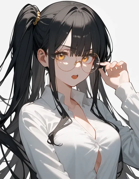  color scheme,girl, black blonde hair , horse hair ,girlบาร์, , gold-bronze eyes,long hair ,Black hair ends,ใน gold-bronze eyes,Black hair ends,thin,girl,set,side ponytail,, put on round glasses,White Shirt,Buttoned shirt , Long Sleeve Shirt,Open your mout...