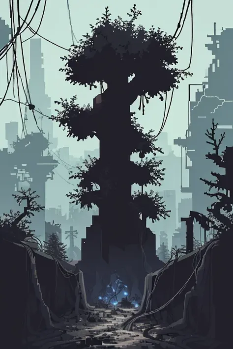 pixelart, underground tunel, ruin，entangled tree roots of dead bodies，mutants eyes in the dark, various plants, cables, electric wiring，After the end of the world, ruins, dark, eyes in the dark, danger zone, mutants lurking, black over white