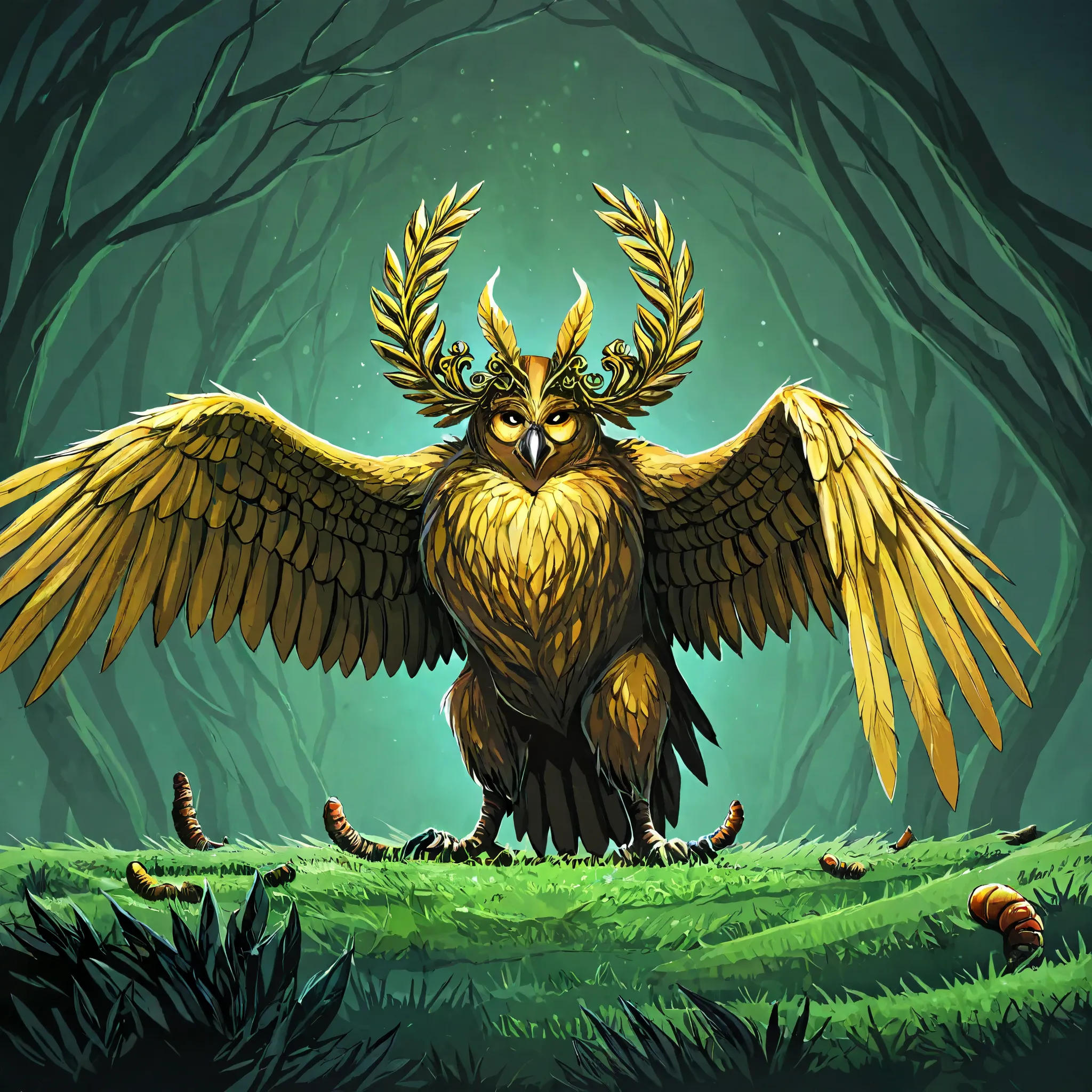 anime style,Bright Colored , cool,beautiful,  fantastic, large earthworm owl, upright, green and white feathers, feather horns like a golden laurel crown, golden feathers framing the wings, monster,  is not a humanoid,  in the woods, concept art, 