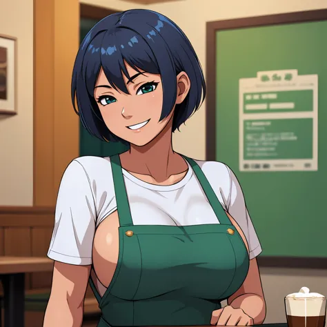     top quality , masterpiece , Ultra High Definition , ( Photorealistic : 1.4), RAW photo, anime, Anime girl with short blue hair is in a restaurant wearing a green apron she has very big boobs and is in a coffee shop smiling while holding a glass of coff...