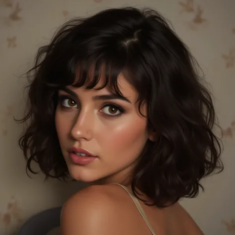 Brunette with curly black hair brown eyes, looking in profile