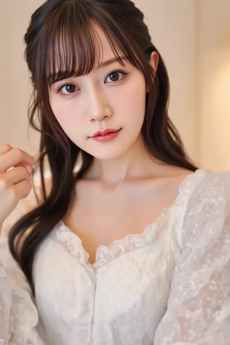 8k, best quality, 1 girl,  Japanese Young Woman , hotel room, (smile:1.3), close-up,  short hair, crystal clear white skin, detailed eyes, Detailed Lips, Wearing a sexy white nightgown,