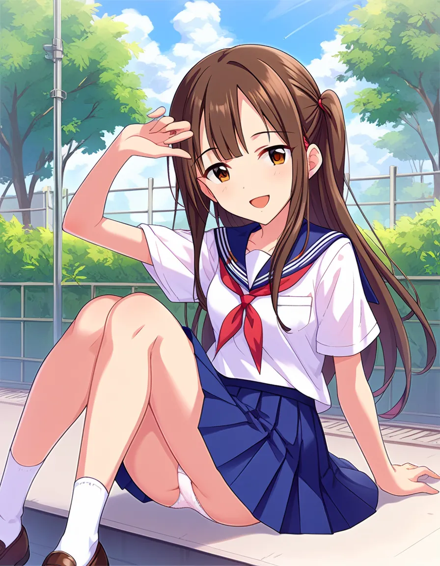  score_9, score_8_up, score_7_up,1 girl,Alone, See Who's Watching ,kind smile,open your mouth,outdoor,((( crouch，)))
cgmy,
brown hair,long hair,brown eyes, white panties，(股間のup，)( open your crotch wide，)
school uniforms,white shirt,red neckerchief,blue ple...