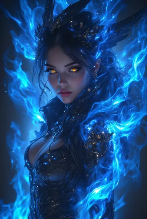 (Best Quality, 4K, 8K, High Resolution, Masterpiece: 1.2), (Super Detailed, Realistic, Photorealistic:1.37), Blue Flameに包まれた Fire Spirit , Fire Spirit ,blue Flame, black costume,golden eyes,Beautiful Girl Figure, Graceful Behavior,detailed, creative compos...