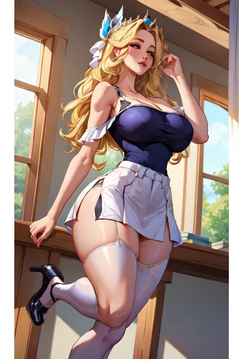 (masterpiece, best quality, absurdres, 4k, aesthetic, detailed, intricate),1girl,nikkecrwn,tiara, tall body, hair ribbon, blonde hair
Cosplay as Luxanna from League of Legends, plaid micro skirt, off shoulders white tank top, white frilly tight high stocki...