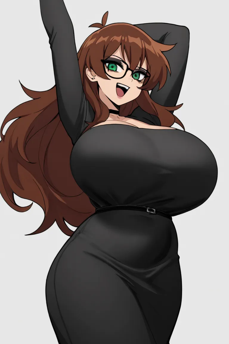 Masterpiece,PNGtuber style,A single chubby anime gal,long wild hair, dark brown hair,green eyes,black glasses,she wears gothic clothing,gothic makeup ,unruly hair,huge breast,smile open mouth,  outlined in black ,The character is positioned at the center o...