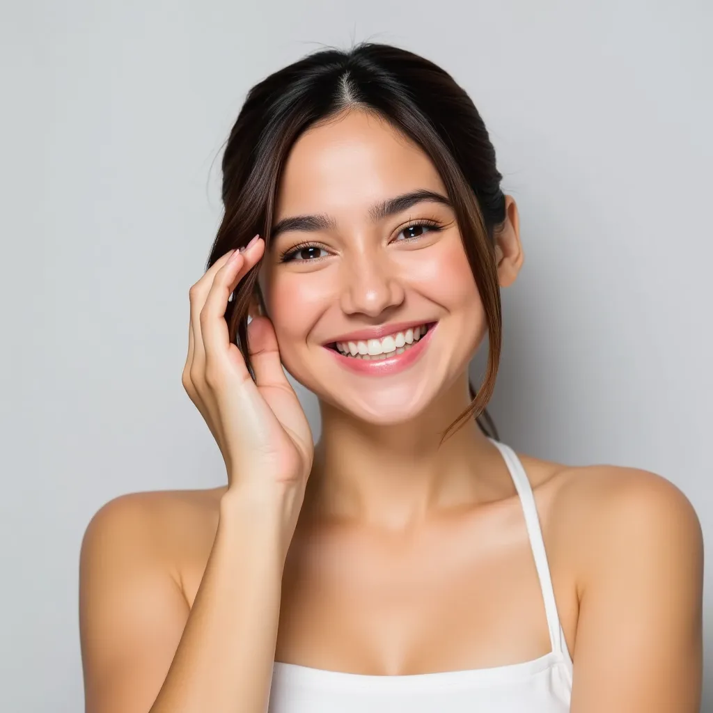 Create an image of a cheerful 19-year-old young woman, posing for skincare with a 'wow' happy expression. She should have a youthful and expressive face. Use a pose that shows attention to her face, with a plain and neutral background for easy removal