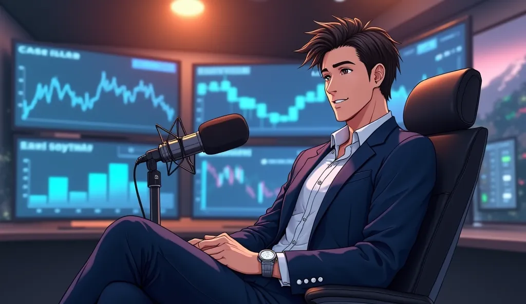 Anime-style digital portrait of a confident AI influencer in his mid-30s sitting and recording a podcast video. His face is depicted in detailed anime fashion, featuring well-groomed, defined features with a sharp jawline, subtle stubble, expressive almond...