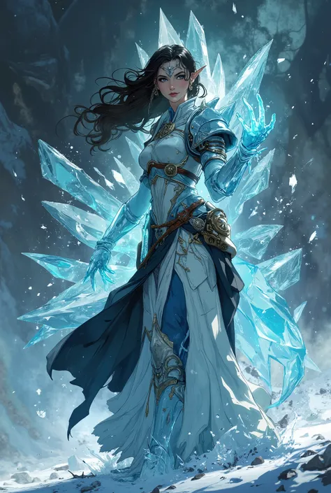 elemental ice spirit, Body made of snow and ice, Ice Spirit, scenario field like a battle,  she's wearing Spartan armor,  aura de magic, magic, dark fantasy genre, magic,  soldier,  dancing ,  8K quality,  a very detailed face,  kinematic
