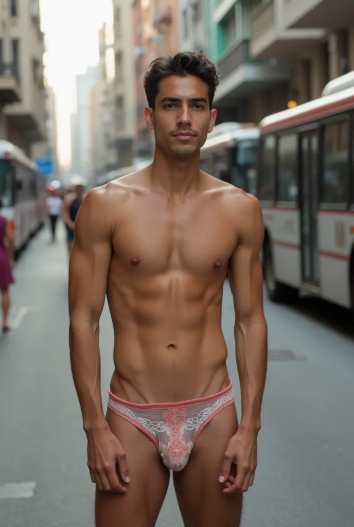 18 year old young man, latino, women's underwear with an effeminate male face, in lingerie, completely naked, in lingerie, rostro  beautiful, bright eyes,  beautiful, effeminate face, in lingerie desnudo en la calle, buses and buildings in the background.