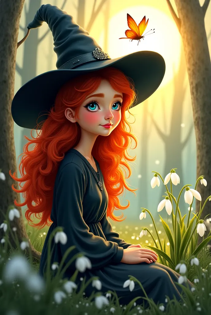 Red curly hair up to the shoulders
Witch's black hat on her head
Spring
Butterfly Sun
Sitting in the Forest
Snowdrops