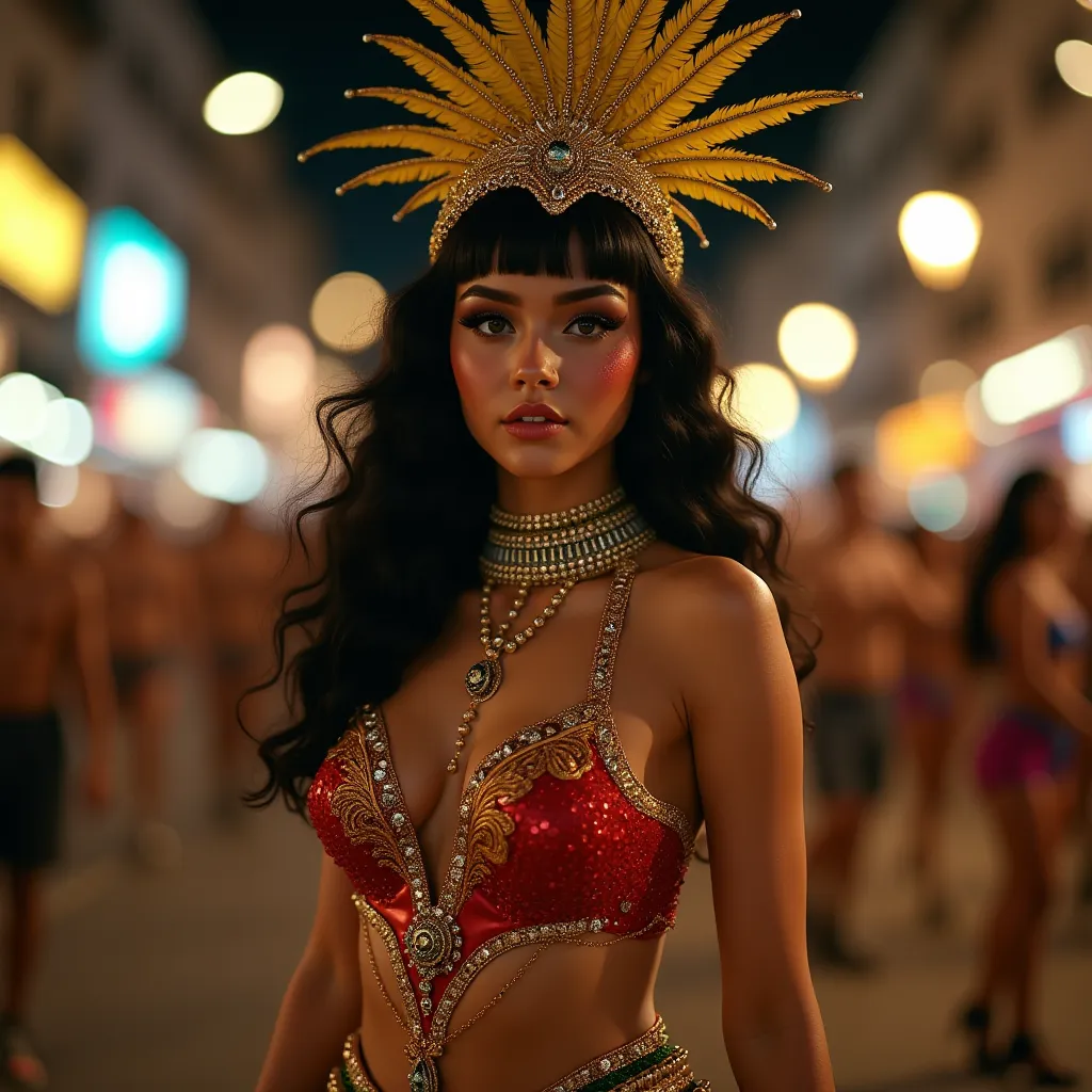 CasselDava girl, pale skin with wavy black hair with a tuft of bangs, glitter and glitter and eyeliner, nose highlighter, carnival costume in shades of red yellow and deep green and gold, with a feather headdress, rhinestones and a structure on the back wi...