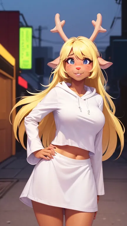 (noelle, furry female anthro, blonde hair, deer girl, red deer nose, white eyes, white pupils, white robe, hooded robe, big breasts, midriff), hands on hips, green neon city, smiling, three-quarter view, blushing