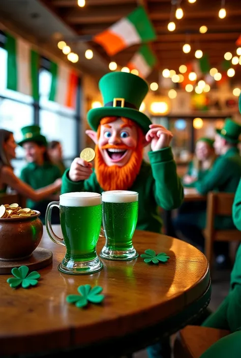 "A festive St. Patrick’s Day scene set in a lively Irish pub, filled with cheerful people wearing green outfits, leprechaun hats, and shamrocks. A wooden table in the foreground holds frothy mugs of green beer, a pot of gold coins, and a lucky four-leaf cl...