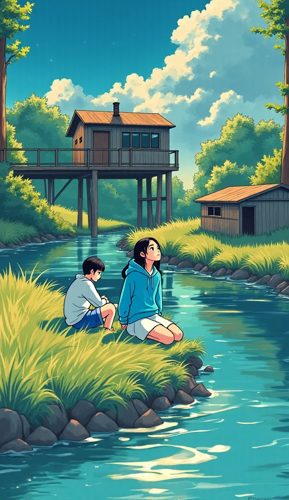 An anime-style illustration in the Makoto Shinkai aesthetic, depicting a young man and woman sitting on a rustic wooden structure by a calm river, dipping their feet in the water. The woman wears a bright blue hoodie and white skirt, gazing up at the sky w...