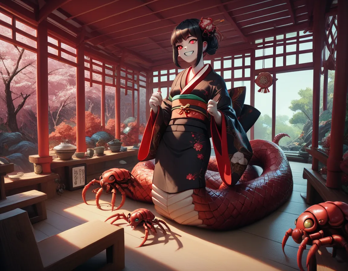 Lamia style girl. Fusion with a centipede. Black centipede body. Red insect legs. giant. Black costume. Japanese kimono dress. Red eyes. Black hair. Straight hair. Neat bangs. Grin. White skin. Japanese house. Indoors. look up.