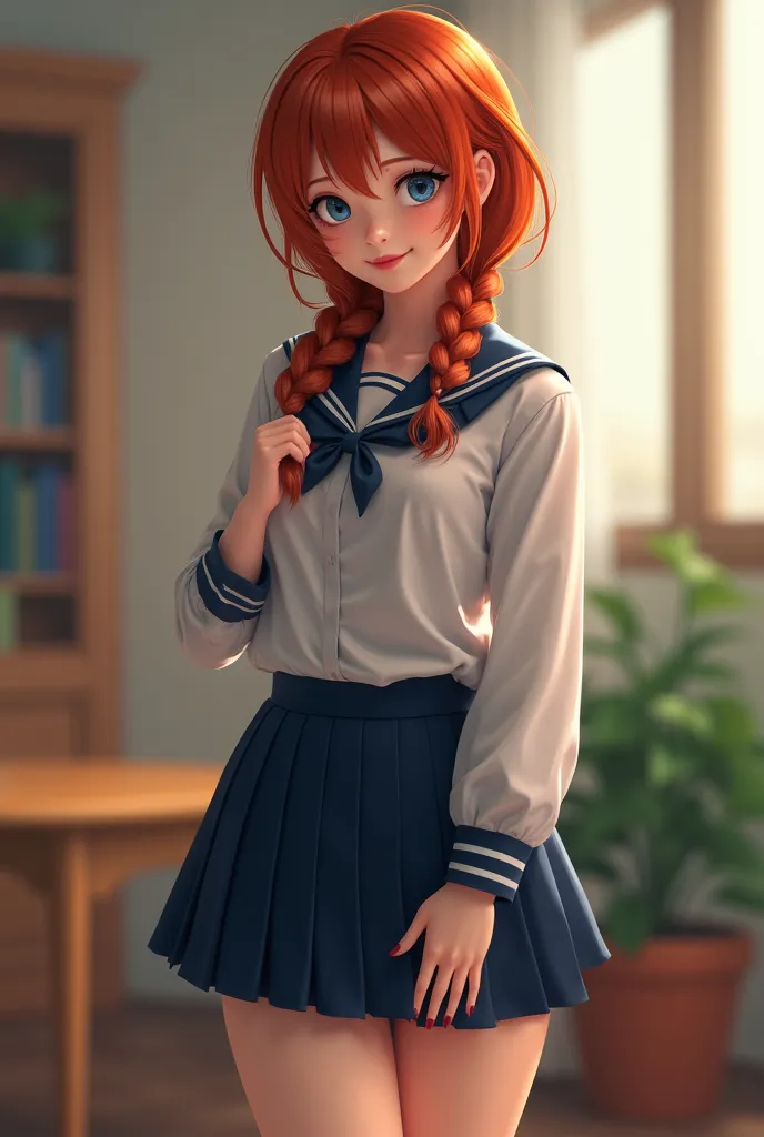 hyperrealistic image, high quality, Raw masterpiece, ,  , school uniform, Short skirt , beautiful legs, redhead,  French braid,  standing looking at the spectator, smiley gesture