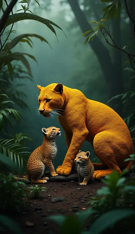 A surreal jaguar in a dense rainforest, but instead of fur, its body is covered in golden corn kernels. The jaguar is interacting gently with two cubs that have normal fur patterns. The scene is lush with green tropical plants and misty lighting, creating ...