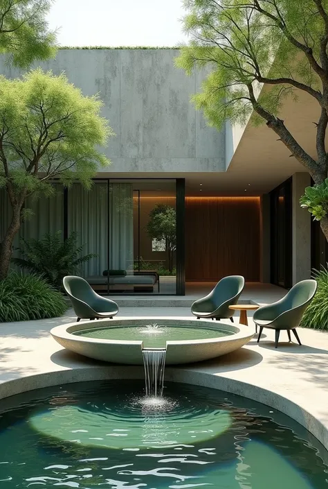 Architectural professional 3D rendering of the design of the green space of the courtyard of a villa in a modern and minimalist style. There is a beautiful waterfront in one corner of the courtyard and the waterfront is in the form of a large stone bowl, a...