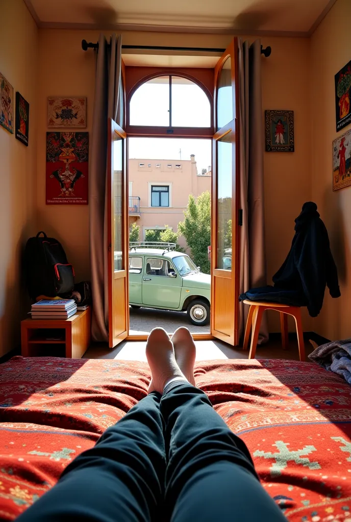 A Moroccan student’s bedroom i, viewed from a first-person perspective. The person is lying on a bed with a traditional Moroccan blanket,both feets are wearing jeans and white socks. A backpack, books, and Quorn ln wooden nightstand. and anime picturs of o...