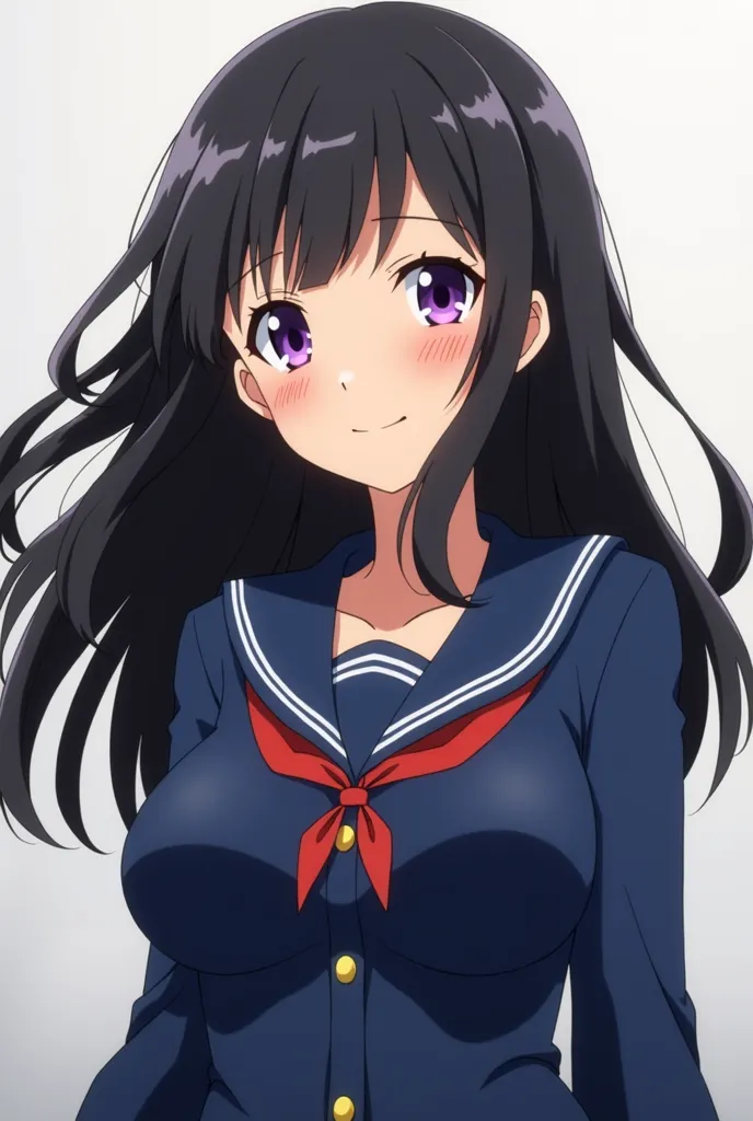 Horimiya screen shot of a tall dark skinned girl ,with mid-length black hair ,purple eyes, big boobs ,wearing the school uniform, with a small smile.