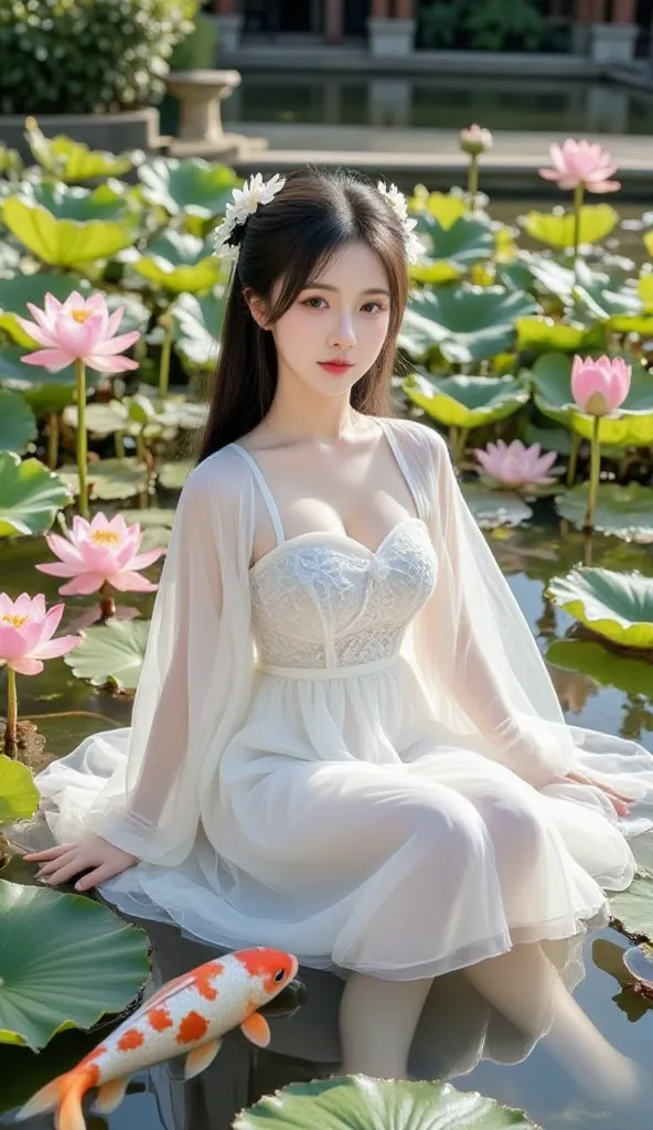 The photo depicts a beautiful and mystical natural spectacle.

 Landscape :

 water: Bunches of blooming lotus flowers floating on crystal clear water,  create a peaceful and poetic space .
Here: There are koi fish swimming under the water, adds vividness ...