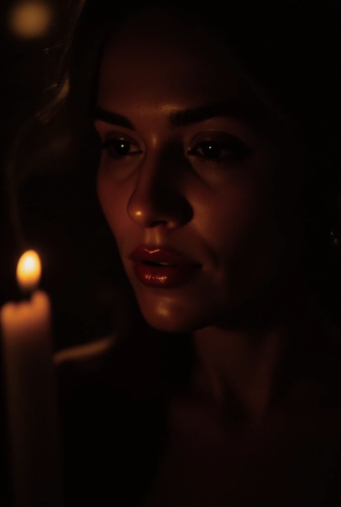 m1ch3ll3, A dark, intimate scene with soft, flickering light. At the center is a woman's face, partially illuminated by the warm glow of a candle or a smoldering cigarette. Her lips are slightly parted, her gaze distant yet intense, lost in thought or emot...