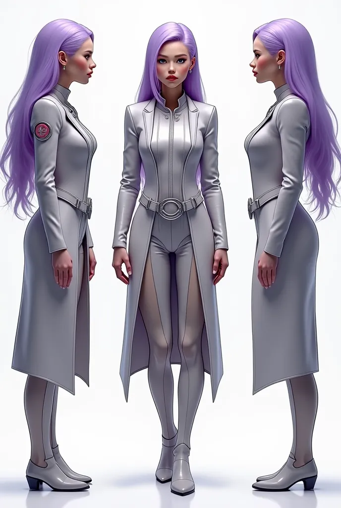 Five calm ,  side and front and back，Long long ,  lavender hair ,  creating an atmosphere of interplanetary diplomacy ,  wearing a formal . A calm,  Beautiful set，detailed shiny，that can be used all over the body.   Her expression is calm and confident  , ...