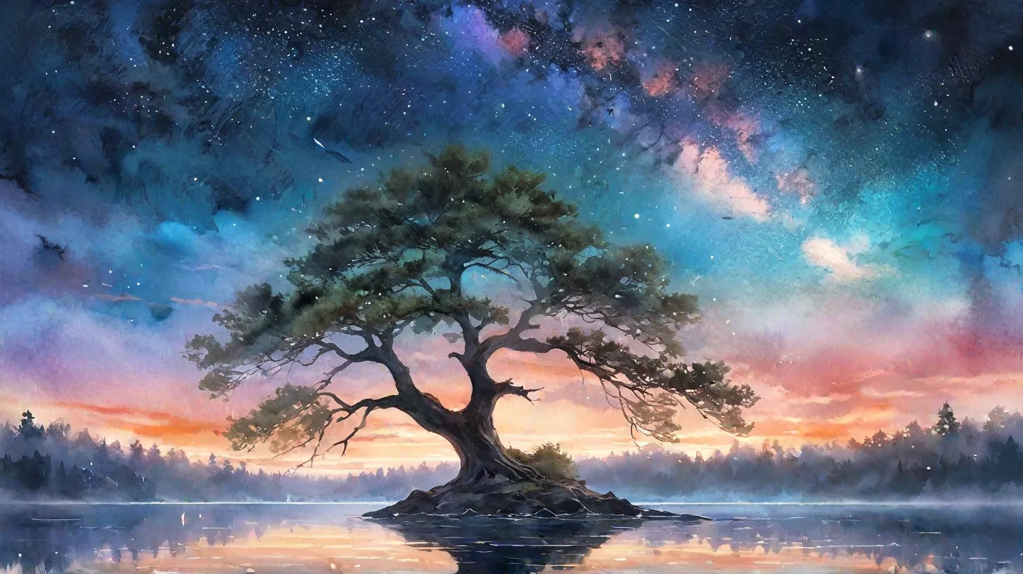  Fantastic、another world、 Scenery、watercolor、Mysterious、starry sky、lake