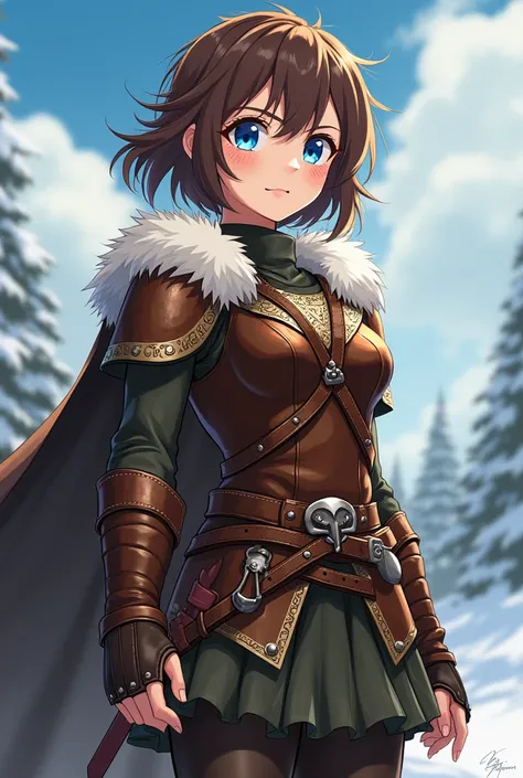 Anime Viking Girl, Top: A fitted leather tunic reinforced with fur-lined shoulder guards for warmth and protection. The tunic has Nordic embroidery in faded gold or silver, giving it a slightly ornate yet battle-worn look.. belt & Accessories: A sturdy bel...