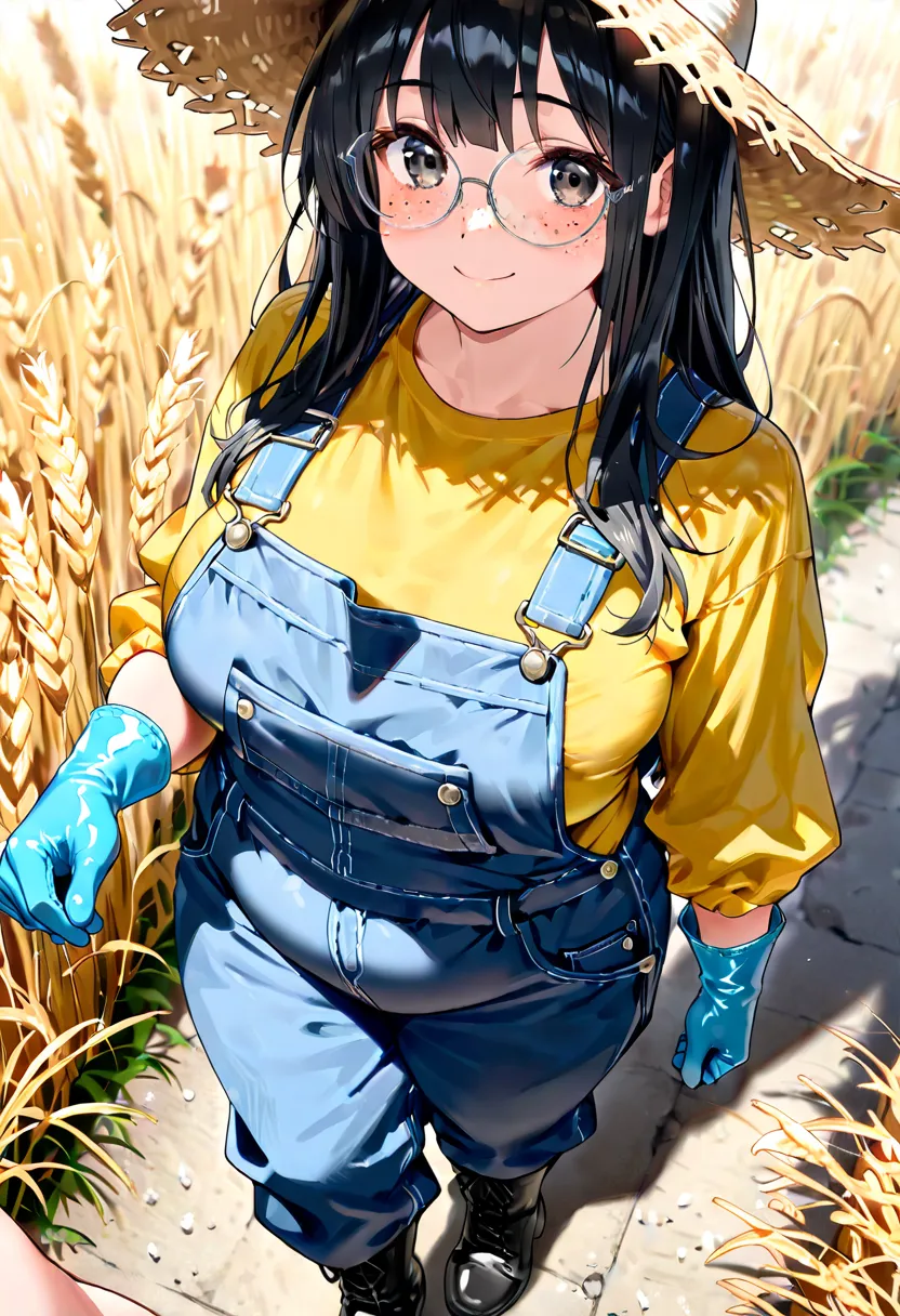 ((masterpiece、Hi-Res、4K、Best Quality、One Person's Point of View, from above)), ((chubby middje woman:1.2)), freckles:1.3, black hair, unkempt lantern hair、long hair,(straw hat with right hand、overalls with tesha cancer、yellow check long sleeve shirt、Rubber...