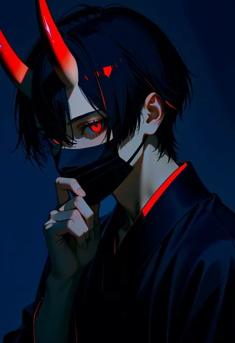 1 male, black hair with red highlights, black and red eyes, short oni horns, good looking, wearing a black mask covering his mouth, dressed in black.