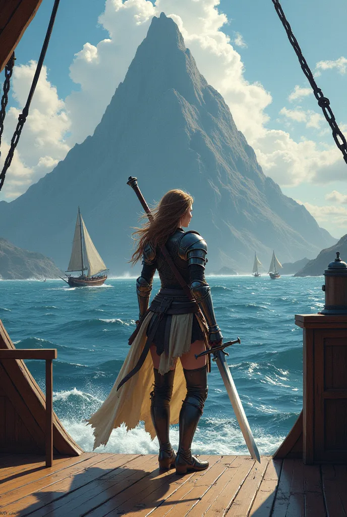 Female warrior with a sword standing in the ship facing the  mountain with a shadows of men