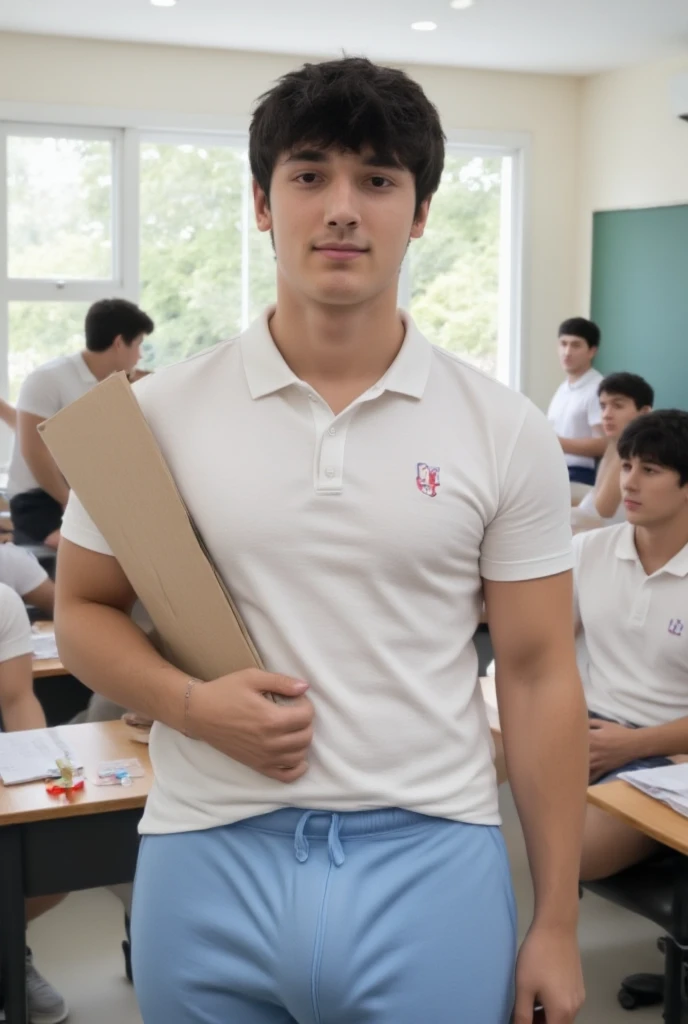 Create an illustration for the cover of a short film featuring a handsome young Indonesian gym teacher. The body is not too big but full, 170 cm tall and weighs 60 kg. He should be positioned clearly in the foreground, making direct eye contact with the ca...