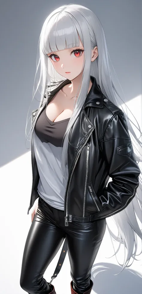 Super high resolution, rich colors, perfect image, best quality, detailed image, beautiful single woman, glowing skin, texture of skin and clothes, delicate eyes, (((white background))), (((leather jacket))), (((low neckline shirt))), cleavage, (((leather ...