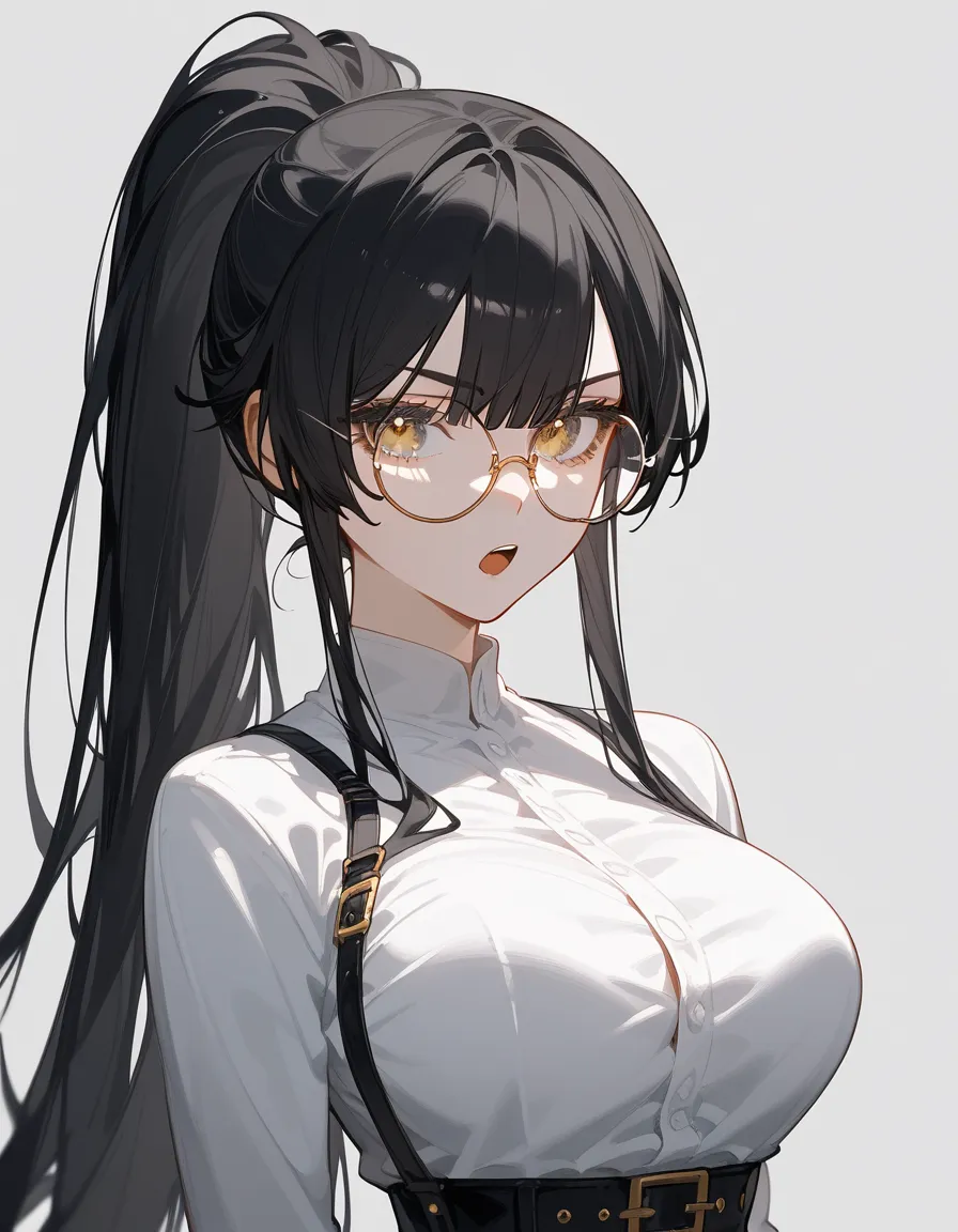  color scheme,girl, black hair, horse hair ,girlบาร์, , gold-bronze eyes,long hair ,ปลาย black hair,ใน gold-bronze eyes,ปลาย black hair,thin,girl,set, ponytail,, put on round glasses,White Shirt,, Long Sleeve Shirt,Open your mouth,Fierce face,G cup breast,...