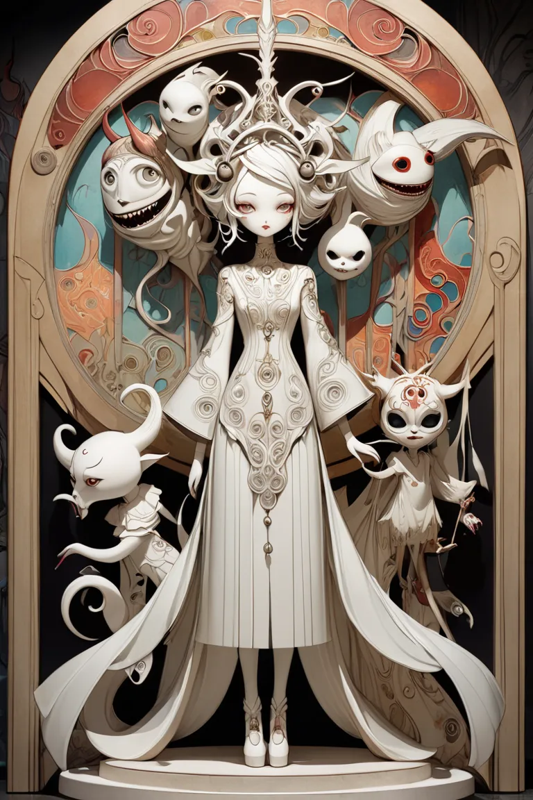 (masterpiece、Best Quality)、Super Detail、maximum detail、Tim Burton style、Automata Girl、Sacrifice Girl、layered sculpture 、body horror、Avant-Garde Art 、Concept Art、art nouveau、Art Deco、stylish、stylish、Wizards and Demons、Mural Carving Style