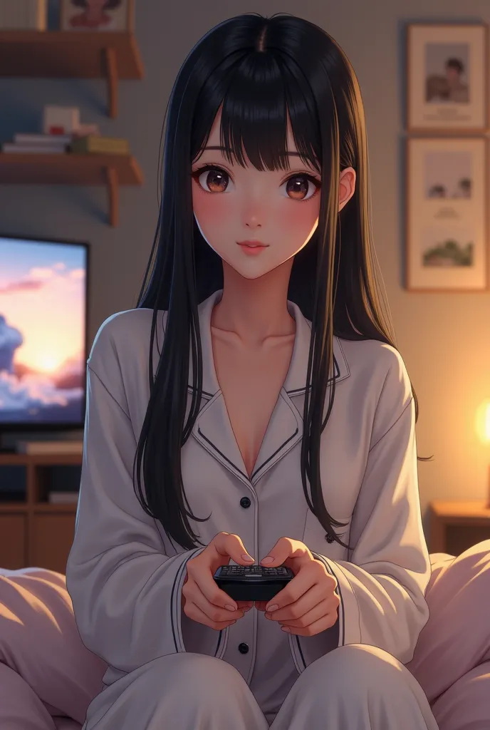 a girl holding a remote control with white skin and pajama clothes like Ayeza Khan、a girl watching TV in her bedroom、Black hair holding a remote control, straight hair, semi-long hair, real